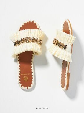De Siena Embellished Raffia Ivory Slide Sandals, NEW, EU 40, US 9-9.5